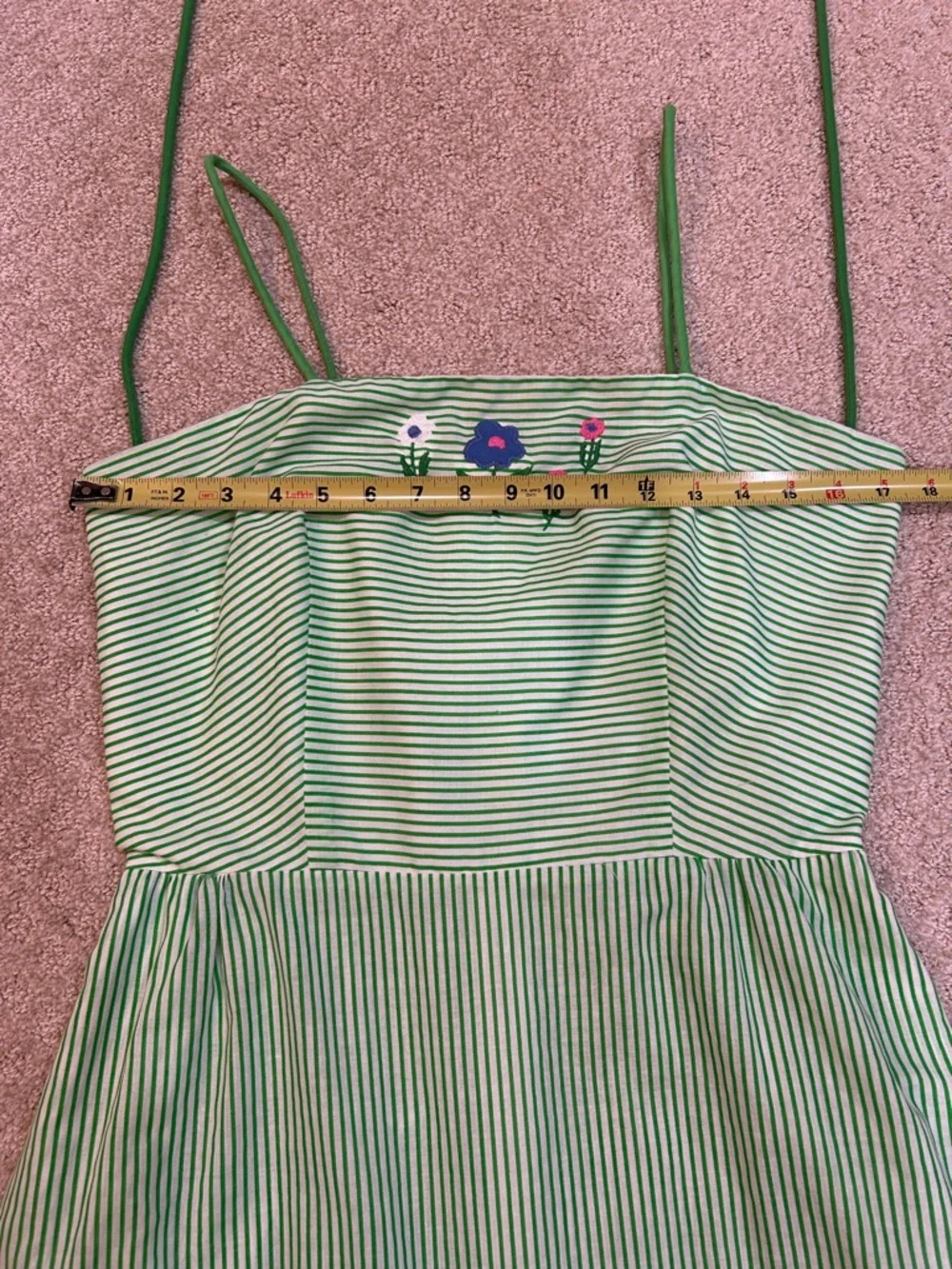 Vintage 70s 80s Green Striped Sundress Floral Embroidered Cottagecore M - Picture 8 of 10